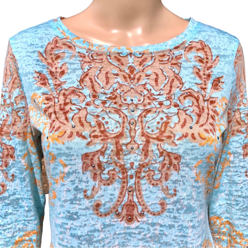 INC light blue and terracotta brown long sleeve shirt with sparkle Sz m